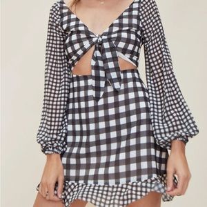 LPA navy and white checkered tie front cut out dress